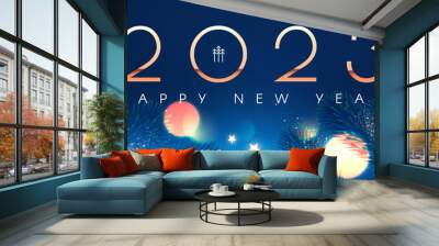 Happy new 2023 year Elegant gold text with fir tree branches and light effects. Wall mural