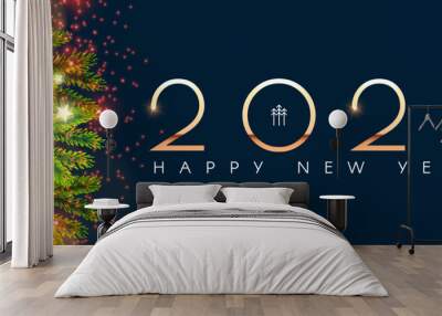 Happy new 2024 year Elegant gold text with fir tree branches and light effects. Wall mural