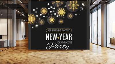 Happy New Year Party Poster Template with Gold Smowflakes. Wall mural