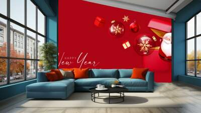 Merry Christmas and Happy New Year celebration with 3D Santa Claus character, red gift box and glossy glass balls with snowflakes. Wall mural