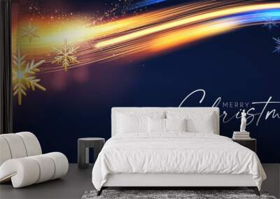 Merry Christmas shining celeration with motion light and gold snowflakes. Wall mural