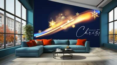 Merry Christmas shining celeration with motion light and gold snowflakes. Wall mural