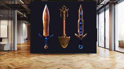 A set of fantasy items. Golden swords and a shovel. Game weapons, props, elements.
 Wall mural