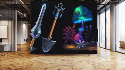 A set of magic items. A sword, a shovel, a mushroom and a fern leaf. Props on a dark background, isolated.
 Wall mural