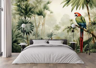 Beautiful watercolor macaw in green jungle with lush palm trees wallpaper mural.  palm trees in an tropical forest, wild tropical plants Wall mural