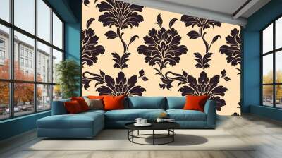 Damask seamless wallpaper. elegant design in baroque style background texture. floral and swirl element in chocolate brown and beige. horizontal. Wall mural