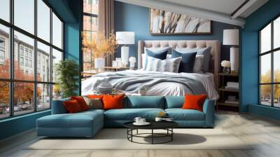 Interior of a colorful bedroom with slate blue walls.  Master bedroom with abstract canvas art and large windows.  Interior bedroom concept.  Wall mural