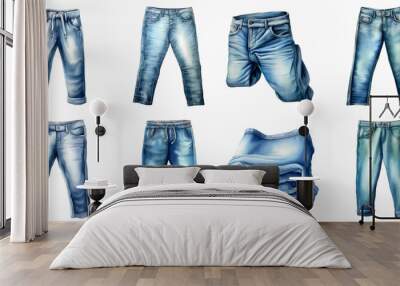 Jeans clothing. fashion denim jeans clipart set isolated on a white background.  Wall mural