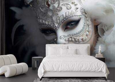 Portrait of a woman with porcelain skin in white carnival mask and neutral makeup for masquerade ball. Wall mural