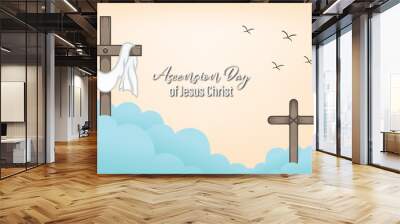 design for celebration of the Ascension of Jesus Christ. with ornaments of heavenly clouds, hills, Jesus, cross and light Wall mural