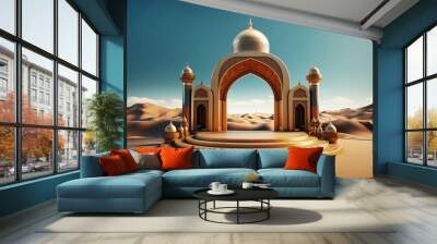 Islamic display podium with mosque gate background in the sand dunes, ramadan kareem, mawlid, isra miraj, eid al fitr adha, muharram, 3d illustration, generative AI Wall mural