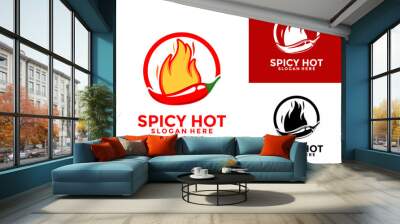 Chili Hot logo design vector, Red hot spicy pepper with Flame or Fire logo concept Wall mural