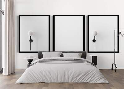 Set of three black portrait picture frame mockups on white wall Wall mural