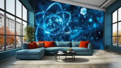 Atoms with blue electricity. Atoms illustration background. Blue atom wallpaper.  Wall mural