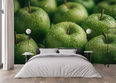 Close-up a pile of green apples background. Splash green apple wallpaper Wall mural