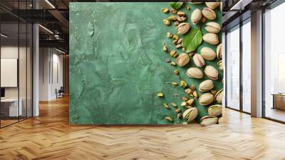 PIstachio on a green background flat layout. Delicious Pistachio. Dry PIstachio background Wall mural