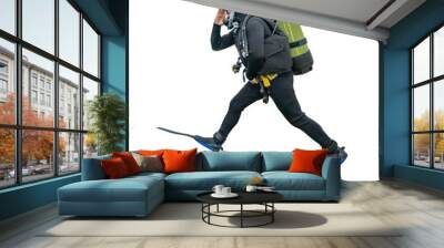 Scuba diver with equipment and flippers isolated on white background Wall mural