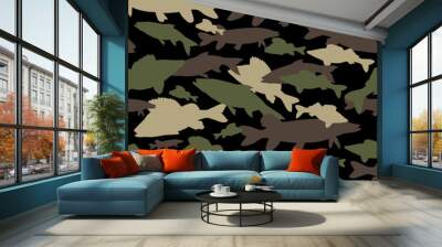 Seamless vector pattern of fishing camouflage. Brown green camo of freshwater fish Wall mural