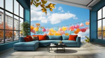 Imagine a wall adorned with a palette of soft, pastel colors—a visually appealing canvas that exudes tranquility and elegance. Enhanced by vibrant balloons tied with flowing ribbons, this composition  Wall mural