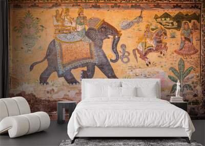 Indian wall painting with elephant and people Wall mural