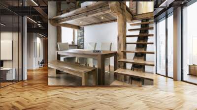 wooden table in dining room under mezzanine Wall mural