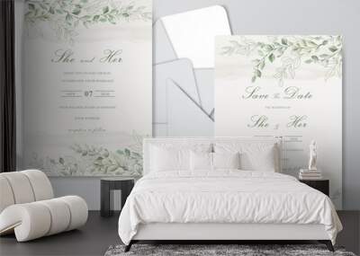 Elegant Watercolor Wedding Invitation Cards with Beautiful Leaves Wall mural