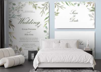 Greenery Elegant Wedding invitation card set with watercolor floral and leaves Wall mural