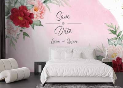 Romantic Watercolor Arrangement Flower Background Design with Maroon Floral and Leaves Wall mural