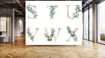 Watercolor floral alphabet set of s, t, u, v, w, x with hand drawn Foliage Wall mural