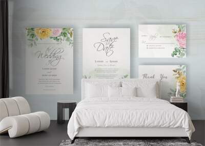 watercolor wedding invitation template with arrangement flower and leaves Wall mural