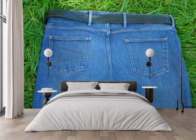 blue stylish fashionable men's jeans with back pockets and a leather black belt lie on the green grass during the day outdoors Wall mural