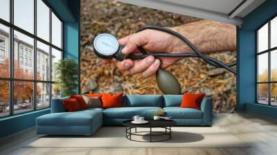 round modern with black arrows medical for measuring blood pressure white plastic tonometer together with a rubber gray  bulb in hand near ground on the street
 Wall mural