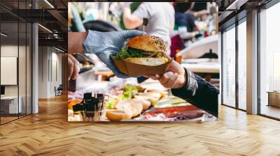 delicious fresh burger on food market, ready to eat. close-up Wall mural