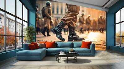 soldiers in camouflage uniform and black soldier boots march on the square, close-up of legs, side view Wall mural