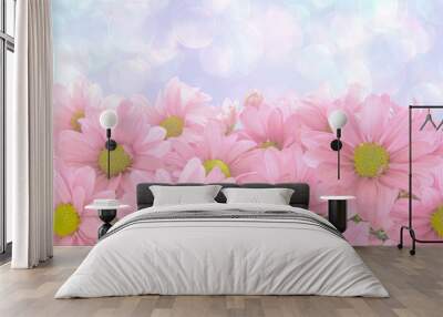 Beautiful bright pink daisies (Matricária) on a background of pink, white, blue bokeh close-up Wall mural