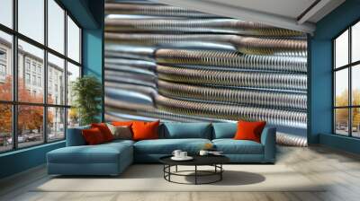 Corrugated stainless metal tubes for water supply. Abstract industrial background. Wall mural