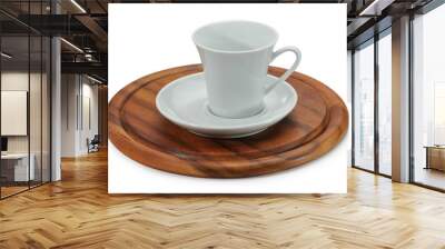 White ceramic coffee cup and white saucer on wooden stand. Wall mural