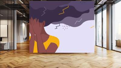 Concept stock illustration for racism, diversity, psychology, mental stress, depression, exhaustion, burn out, fear, anger and racial equality. Stressed, unhappy African girl or woman is under a storm Wall mural