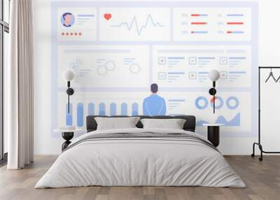 A male doctor is standing back to us in front of a big data screen. Diagnosis of diseases, medical tests, effective treatment. Dashboard with patient health information. Vector illustration. Wall mural