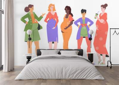 Group of young pretty different pregnant women. Mom-to-be, happy parenting. Trending colorful characters. Vector flat illustration. Wall mural