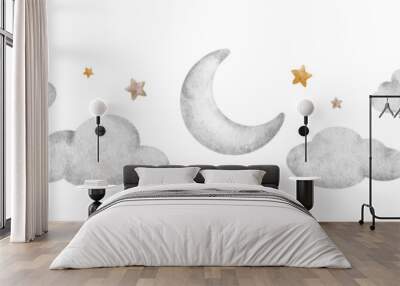 Crescent moon and stars. Cute baby seamless border. Children's background. Watercolor border Isolated. Design for kid's goods, postcards, baby shower and children's room Wall mural