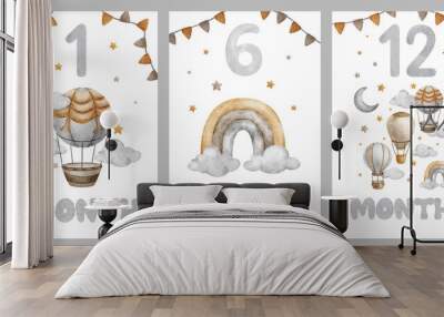 Set of Baby Milestone Cards with Hot Air Balloons, rainbow, clouds, stars. Baby's one month, six and twelve months. Monthly numbers cards for Newborns. Card for kids' photos. Wall mural