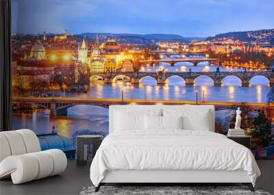 classic view of prague at twilight, panorama of bridges on vltava, view from above, beautiful bridge Wall mural