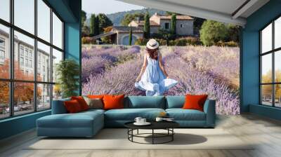 lovely girl walking by blooming lavender fields in luberon area in provence, france. beautiful girl  Wall mural