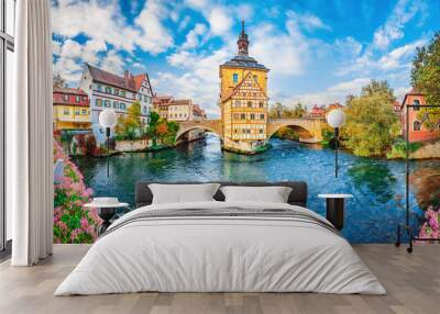 Old town Bamberg in Bavaria, Germany. Romantic  historical town on Romantic road in Bavaria,  located on crossing of Regnitz and Main rivers. Autumn view of old Timber Framing architecture and flowers Wall mural