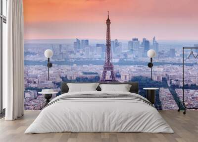 Paris, France. Panoramic view of Paris skyline with Eiffel Tower in the center. Amazing sunset scenery with dramatic sky. Wall mural