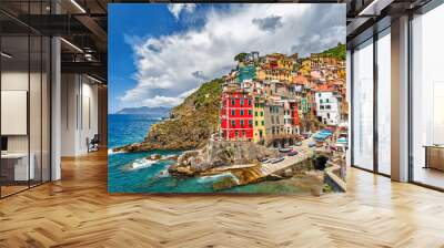 Riomaggiore, Italy, Ligurian sea coast. National park Cinque Terre, UNESCO world heritage list. Nice view on ancient medieval coastal town Riomaggiore. Popular travel destination in Europe. Wall mural