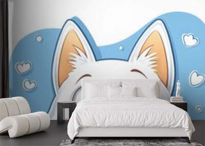 A cheerful cartoon cat with bright blue eyes and a joyful expression against a soft blue background, perfect for playful designs. Wall mural