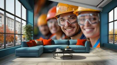 a cheerful group of male and female engineers in safety uniforms and helmets pose confidently at an  Wall mural