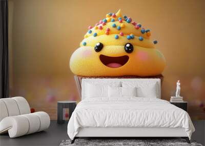 A cheerful yellow cupcake with colorful sprinkles and a smiling face, perfect for conveying joy and sweetness in imagery. Wall mural